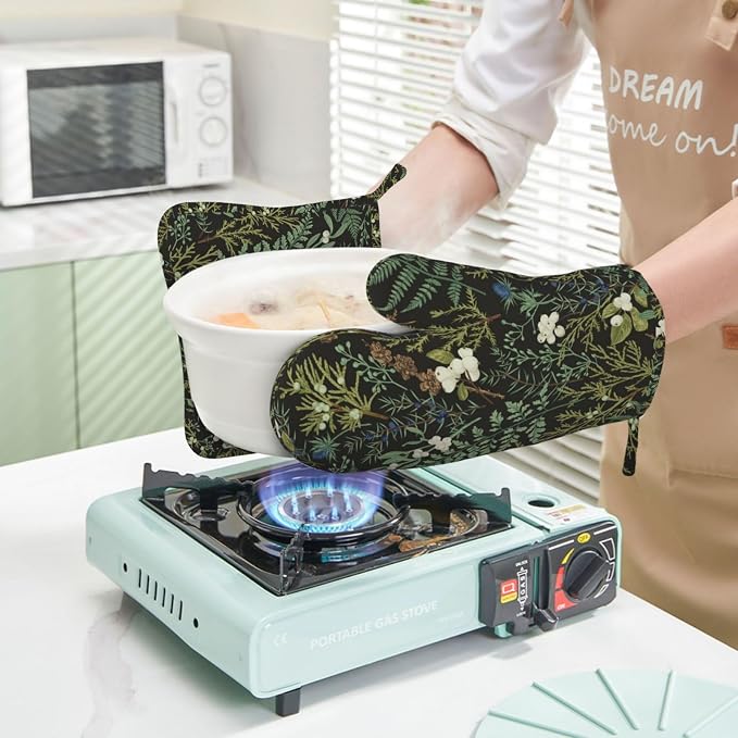 Botanical Print Floral Oven Mitts and Pot Holders Set of 4 Silicone Black Sage - Image 6