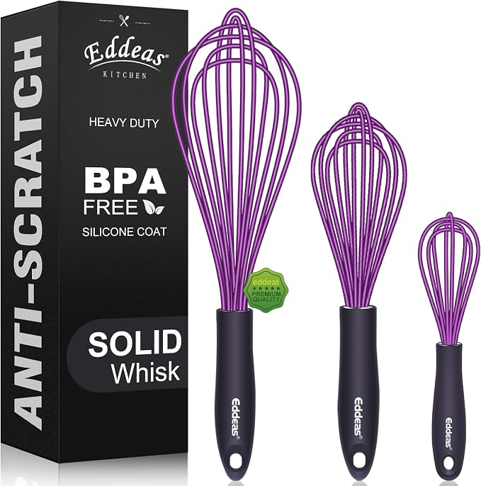 Silicone Whisk, Eddeas Whisk Non-Scratch Coated Whisks set of 3-Heat Resistant by Eddeas
