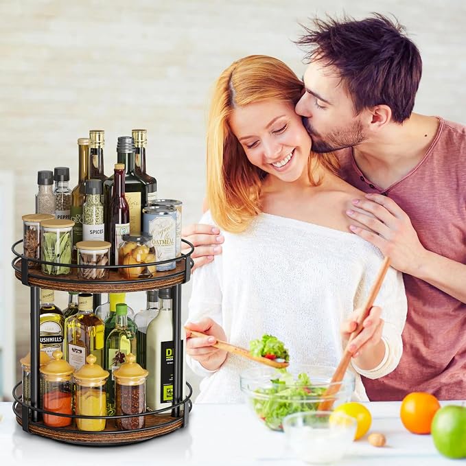 Snughome Rotating Spice Rack, 2 Tier Lazy Susan Organizer, Wood Kitchen - Image 7