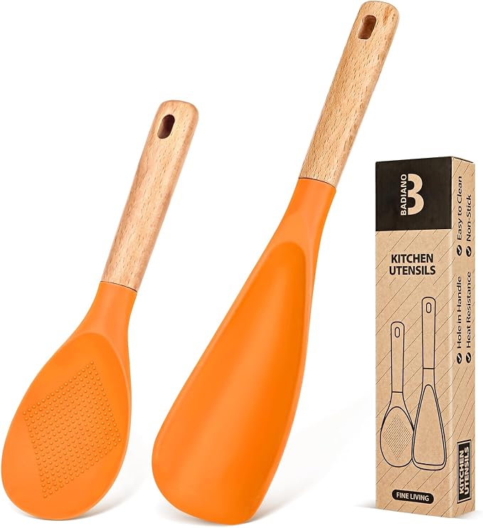 Cooking Spoon and Rice Scooper for Nonstick Cookwares, Wood Handle Spoon for by BADIANO