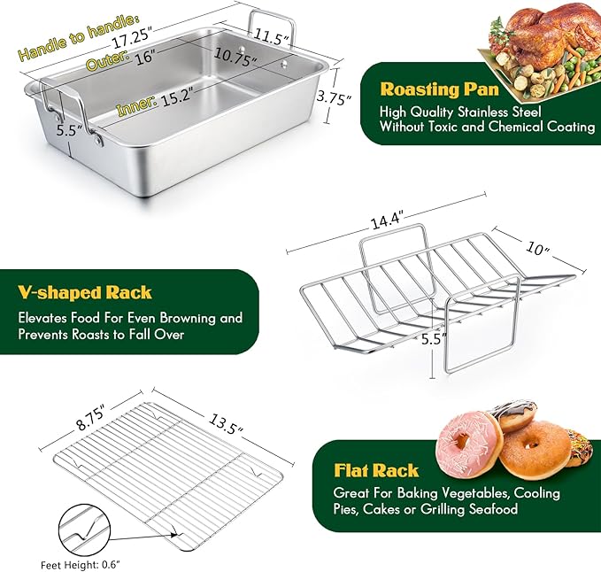 E-far Roasting Pan, 16 x 11.5 Inch Stainless Steel Turkey Roaster - Image 2