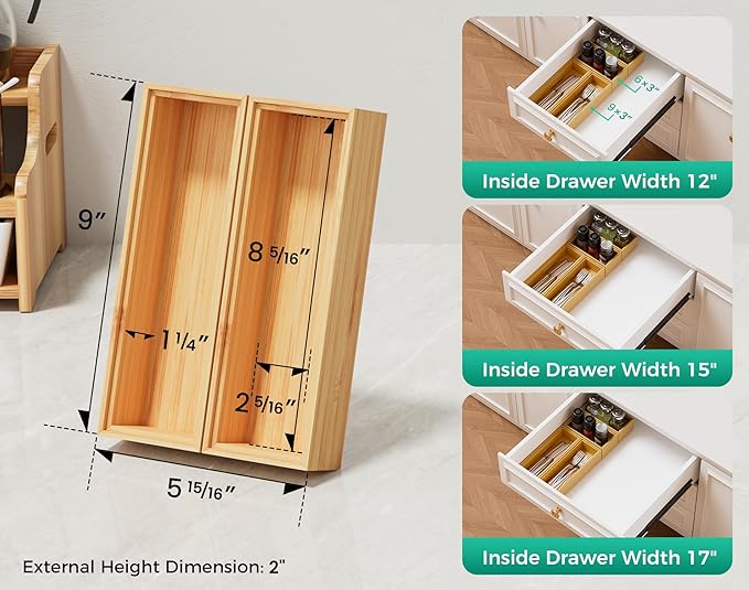 Bamboo Kitchen Drawer Organizer Boxes – 9" x 3" Stackable Wood Silverware - Image 2