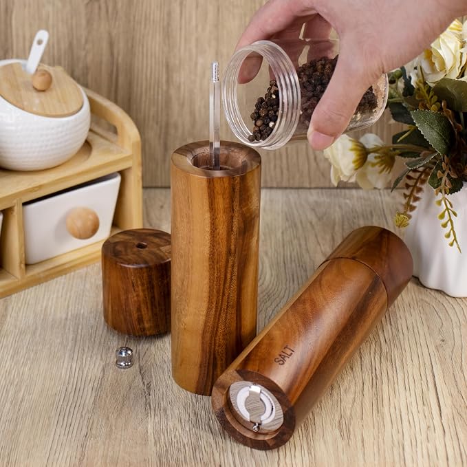 XWXO 2 Pack Acacia Wooden Salt and Pepper Grinder Set 8 Inches Refillable Salt - Image 7