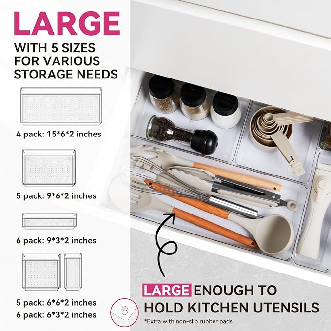 Criusia Large Drawer Organizer Bins 26 Pack | Complete 5 Size Clear Plastic - Image 2