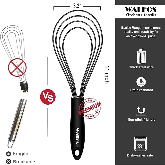 Walfos Silicone Flat Whisk, 11inch Flat Whisk Non Scratch Coated Flat Whisks - Image 4