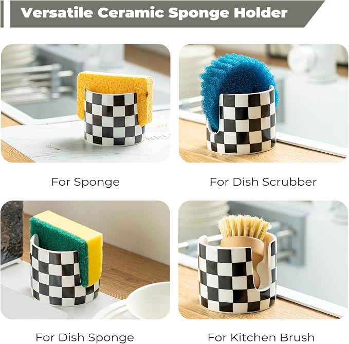 Zoeeker Checkered Kitchen Sink Sponge Holder, Dish Sponge Rack Ceramic Brush - Image 4
