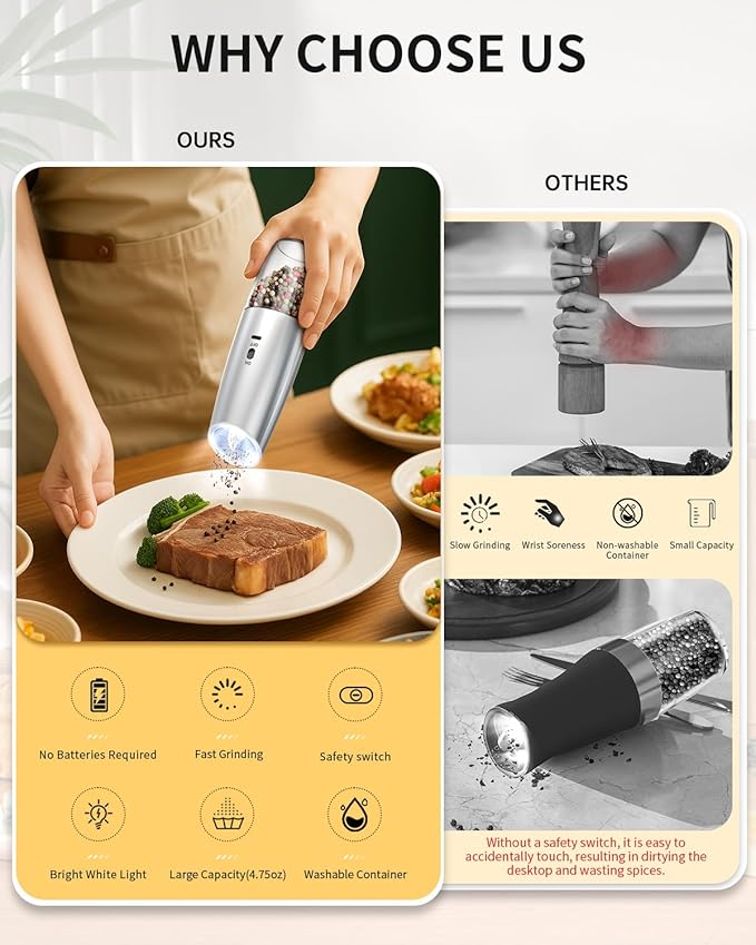 CIRCLE JOY Rechargeable Gravity Electric Salt and Pepper Grinder Set, Stainless - Image 2