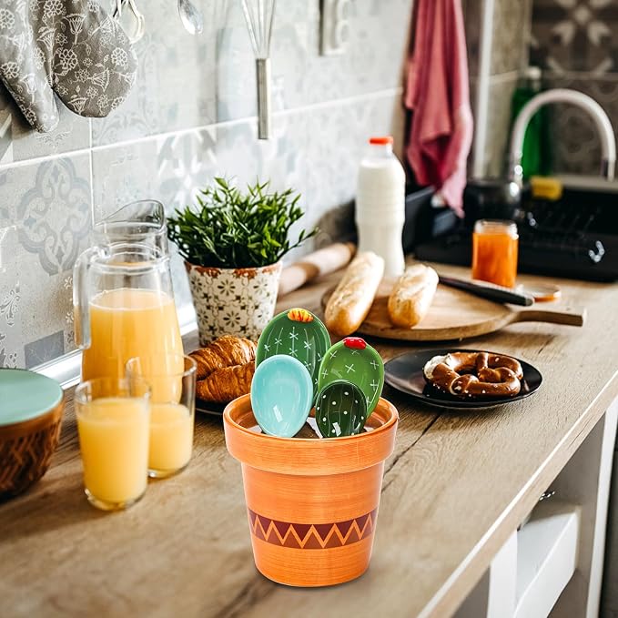 Coloch 5Pcs Ceramic Measuring Spoons in Pot, Cactus Shape Baking Measuring - Image 7