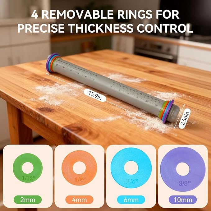 Adjustable Rolling Pin with Thickness Rings, 12.8" Silicone Non Stick Dough - Image 2