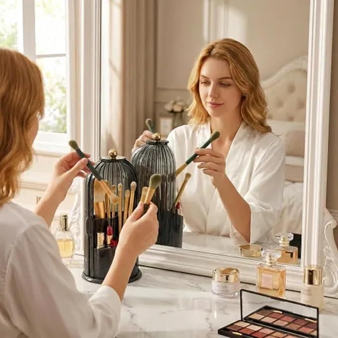 Makeup Brush Holder with Lid 360° Rotating 3-Compartment Makeup Organizers - Image 5