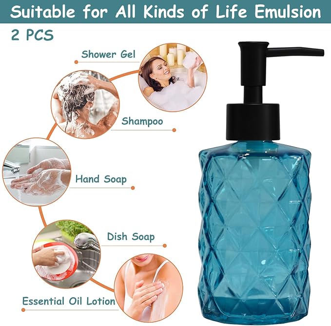 Blue Glass Soap Dispenser with Black Plastic Pump, 12oz Refillable Liquid Hand - Image 4