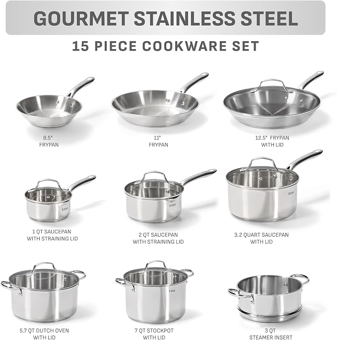 T-fal Gourmet 15-Piece Stainless Steel Cookware Set, Pots and Pans Cooking Set - Image 2