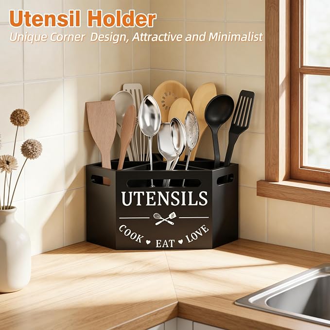 Kitchen Utensils Holder with 5 Compartments, Corner Utensil Caddy - Image 6
