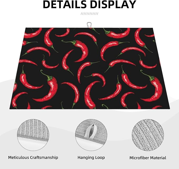 Chili Pepper Dish Drying Mat Red Hot Chili Pepper Black Drying Rack Pad - Image 2