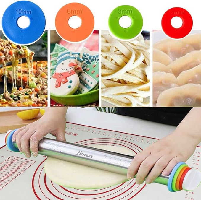 Rolling Pin and Silicone Baking Pastry Mat Set, Stainless Steel Dough Roller - Image 3