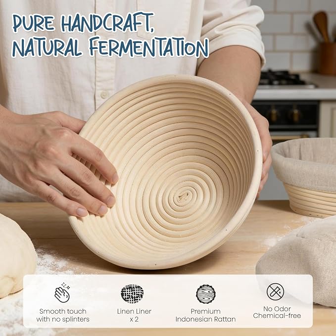 RORECAY Bread Banneton Proofing Basket Set, 9 Inch Round & 10 Inch Oval Cane - Image 2