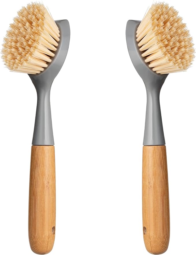 2 Pack Kitchen Dish Brush Bamboo Handle Dish Scrubber Built-in Scraper by Songtaste