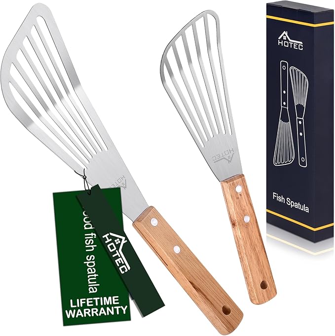 HOTEC 2pcs Stainless Steel Wooden Handle Fish Spatula, Metal Spatula Flipping by Hotec