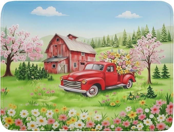 Spring Dish Drying Mat for Kitchen Counter Red Truck Flowers Microfiber by Unknown