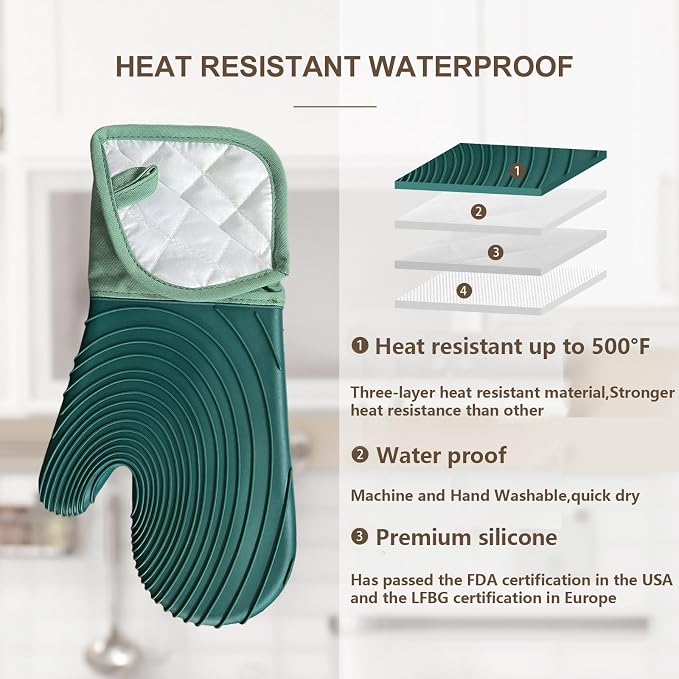 Silicone Oven Mitts-13.6 in Extended Oven Mitts Heat Resistant 500F, Oven Gloves - Image 3