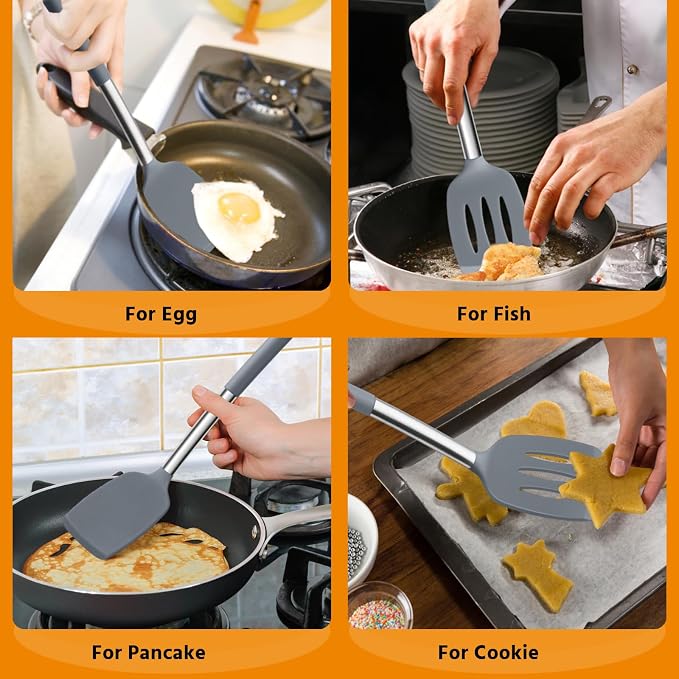 Silicone Spatula Set of 2, E-far Solid & Slotted Turner - Image 6