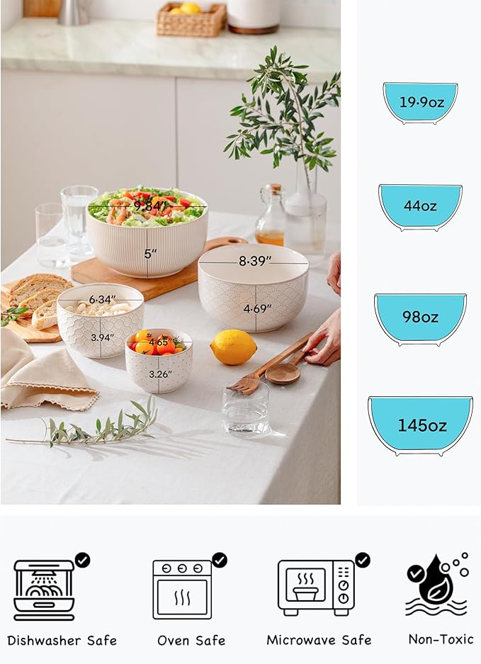 Mikiegy Ceramic Mixing Bowls Set of 4, Nesting Ceramic Embossment Stoneware - Image 4