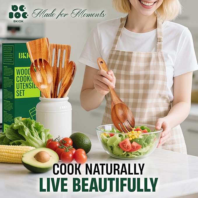 Bkiok Wooden Spoons for Cooking, Natural Teak Wood Kitchen Utensils Set for - Image 7