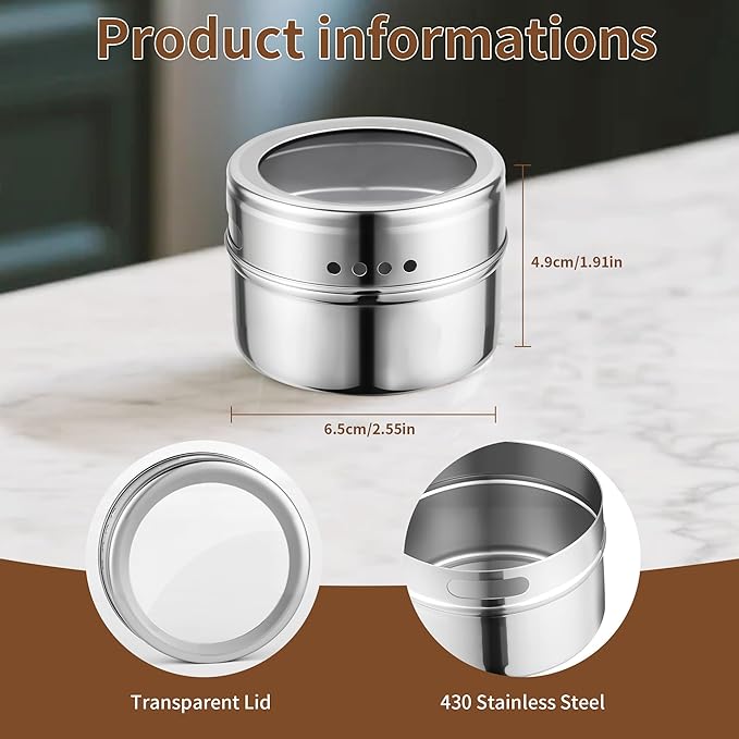 12pcs Stainless Steel Spice Jars, Magnetic Condiment Tins Magnetic Spice Jar - Image 3