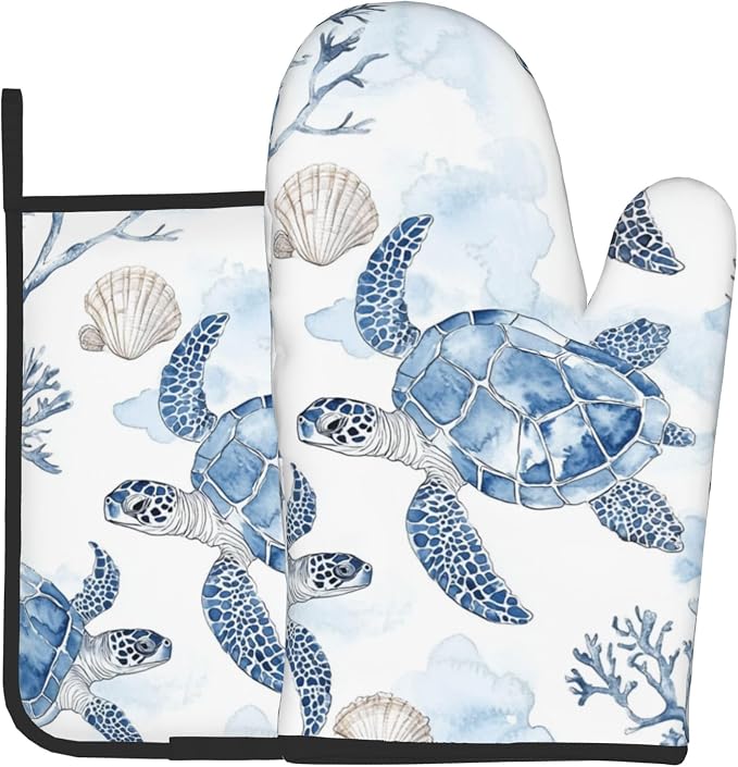 Navy Blue Ocean Sea Turtle Oven Mitts and Pot Holders Sets of 2 Summer Gift by DZGlobal