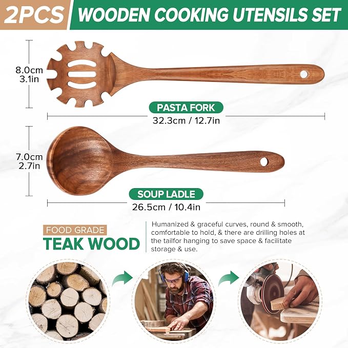 Wooden Spoons for Cooking, Teak Wood Soup Ladle&Slotted Pasta Fork Strainer - Image 2