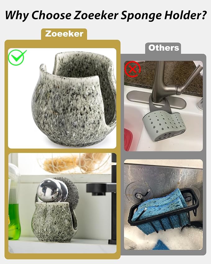 Zoeeker Ceramic Sponge Holder, Kitchen Sponge Holder Sink Caddy Organizer Dish - Image 3