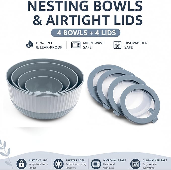 Mixing Bowls with Lids, 8-Piece Airtight Leak-Proof Nesting BPA-Free Bowl Set - Image 2