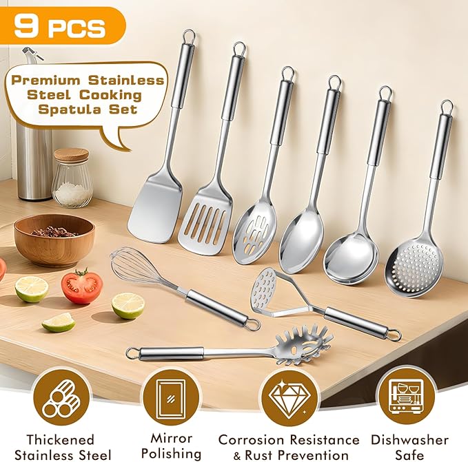 9 Pcs Cooking Utensils Set, Stainless Steel Kitchen Utensils, Heat Resistant - Image 3