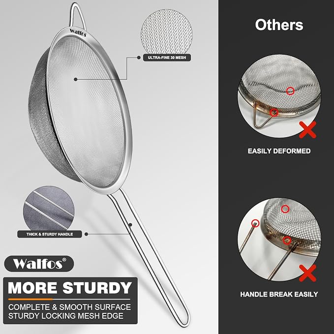 Walfos Fine Mesh Strainers Set, Premium Stainless Steel Colanders and Sifters - Image 4