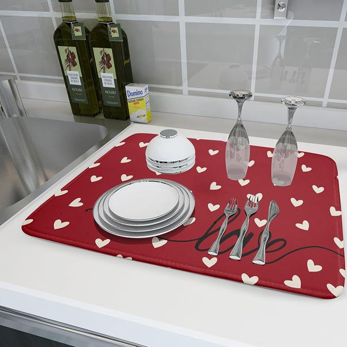 Giwawa Red Hearts Dish Drying Mat 18"x24", Valentines Day Symbol of Love Dish - Image 6