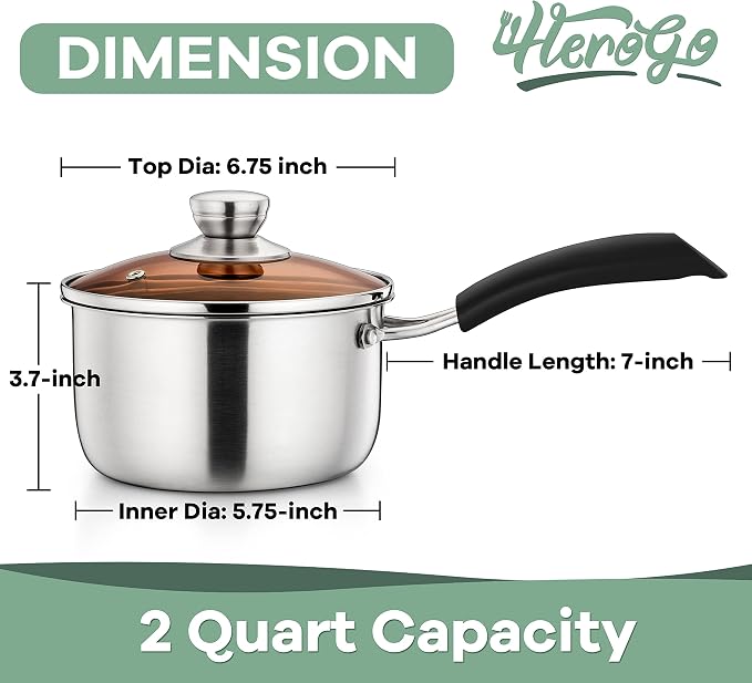Herogo 2Qt Saucepan with Lid, 18/10 Stainless Steel Sauce Pan Pot, 2 Quart - Image 2