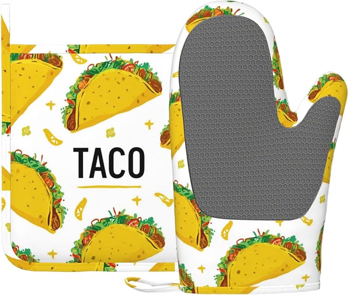 Taco Time Heat-Resistant Oven Mitts and Pot Holder Kitchen Non-Slip Silicone by Unknown
