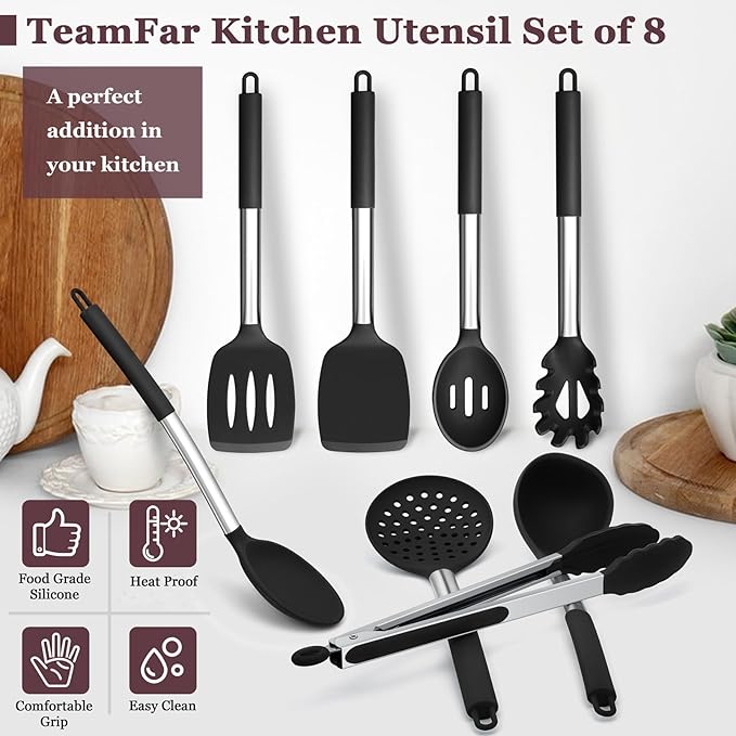TeamFar Kitchen Utensils Set of 8, Silicone Utensils Kitchen Tools Set - Image 7