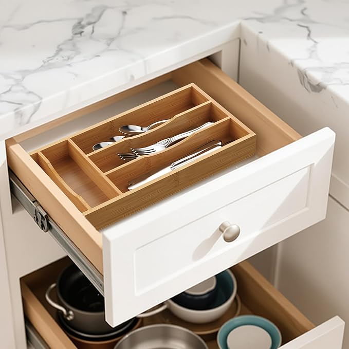 Small Silverware Organizer, Bamboo Kitchen Drawer Cutlery Organizer, Utensil - Image 5