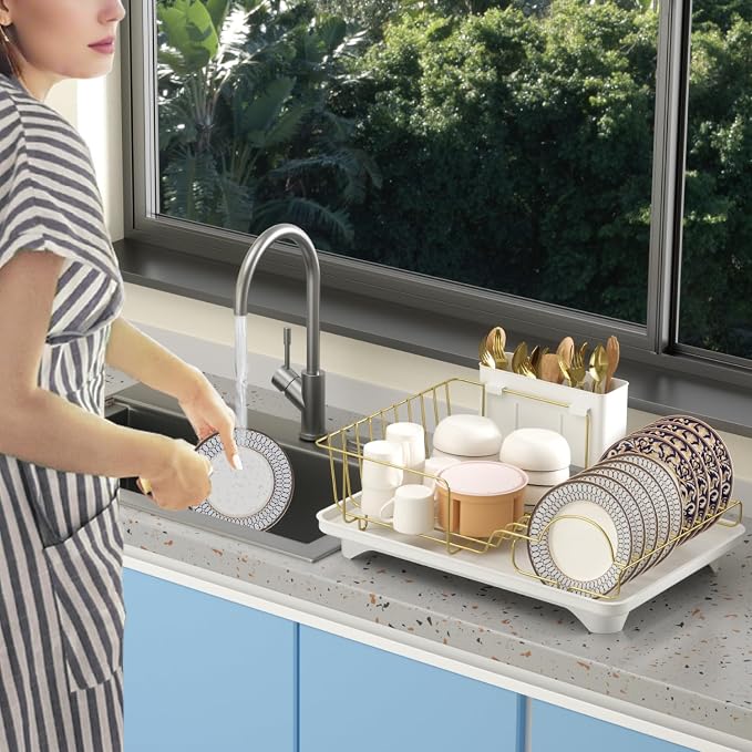 Buruis Dish Drying Rack for Kitchen Countertop, Large Capacity Gold Stainless - Image 9