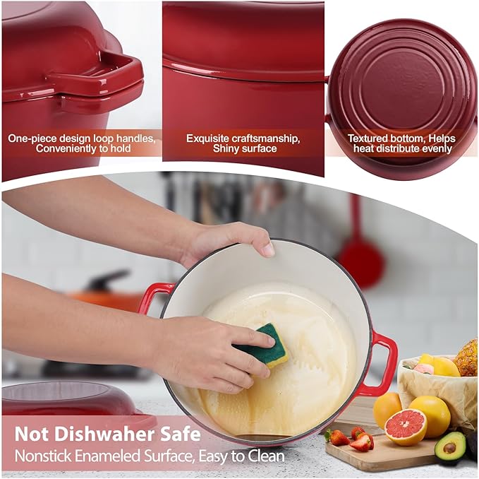 TeamFar 2-In-1 Enameled Cast Iron Dutch Oven, 5 Quart Dutch Oven Pot Cookware - Image 7