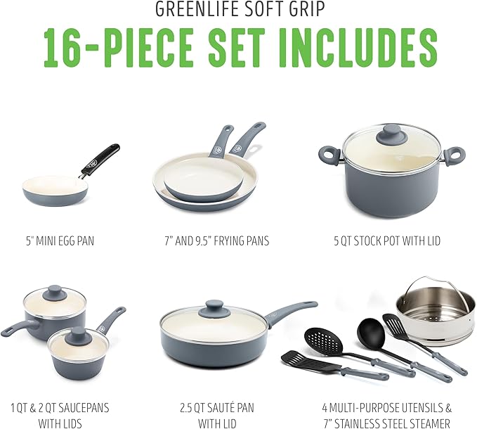 GreenLife 16 Piece Nonstick Cookware Set, Soft Grip Non-Toxic PFAS-Free Ceramic - Image 3