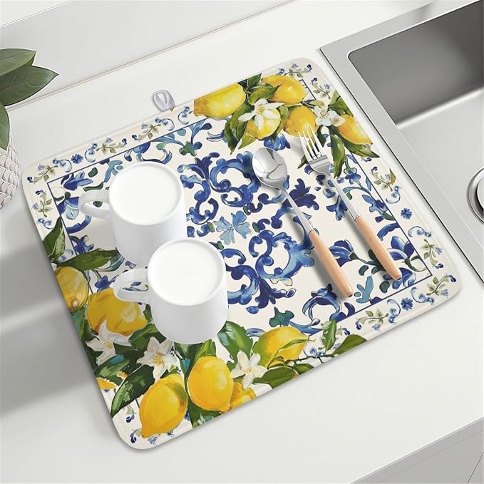 Lemon Dish Drying Mat 18x16 Inch, Italian Olive Tree Dish Drainer Mats Summer - Image 8