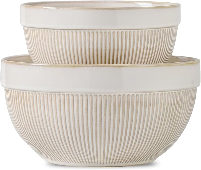 Ceramic Large Glazed White Stripe Mixing Bowls by TEAKISS