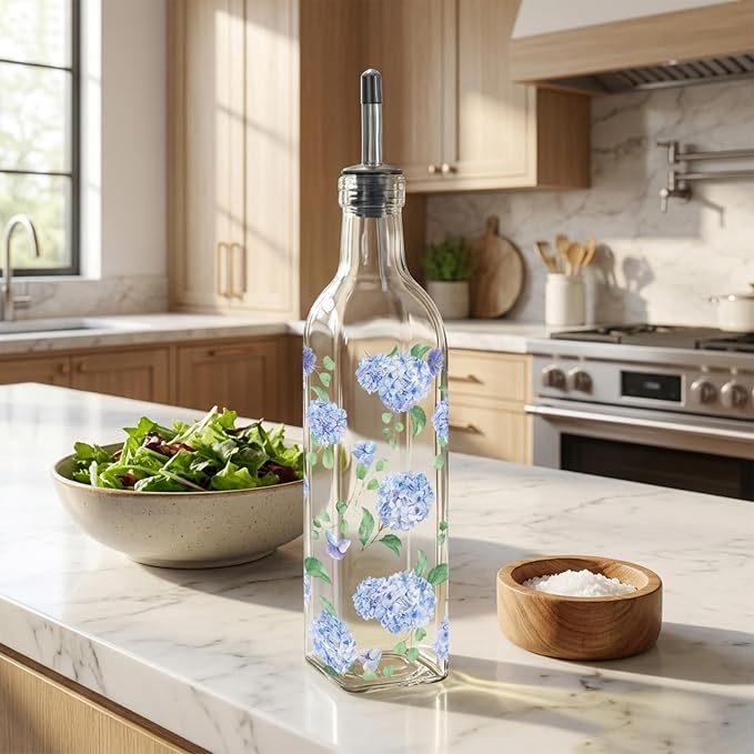 JarThenaAMCS Blue Hydrangea Olive Oil Dispenser Bottle Glass Cruet Bottle - Image 4