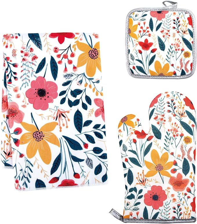 3 Pcs Kitchen Stuff, Wild Floral Kitchen Oven Mitts and Pot Holders Sets by Qchengsan