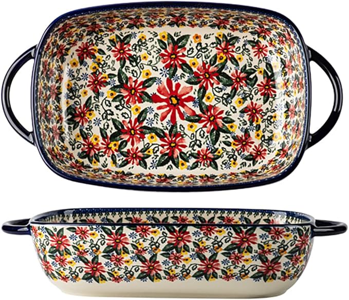 Red Daisy Flower Vintage Style Ceramic Bakeware Casserole Dish Baking Pan by Bicuzat