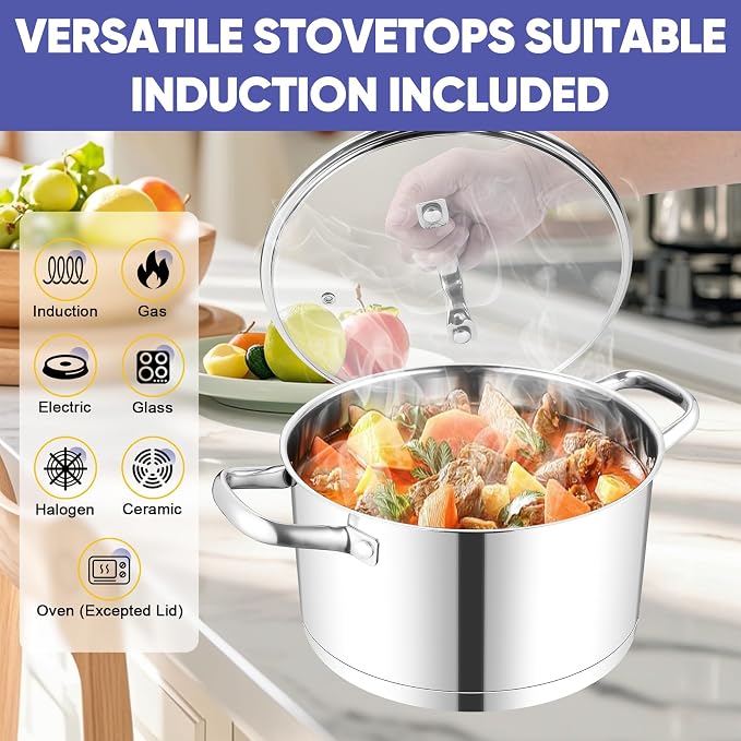 TeamFar 8QT Stock Pot with Lid, Stainless Steel Tri-ply Bottom Cooking Pot - Image 5