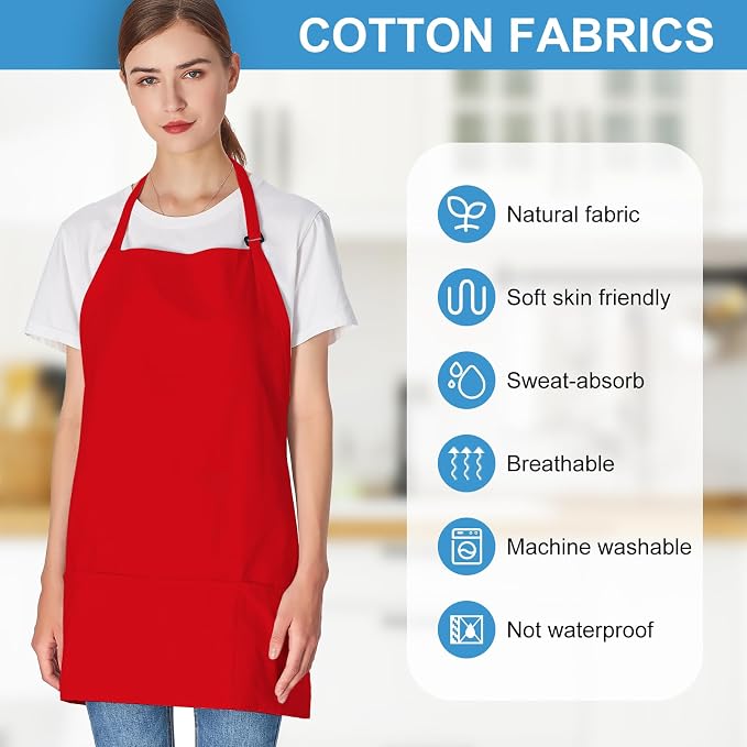 Jubatus 2 Pack 3 Pockets 100% Cotton Adjustable Bib Apron Chef Kitchen Cooking - Image 4
