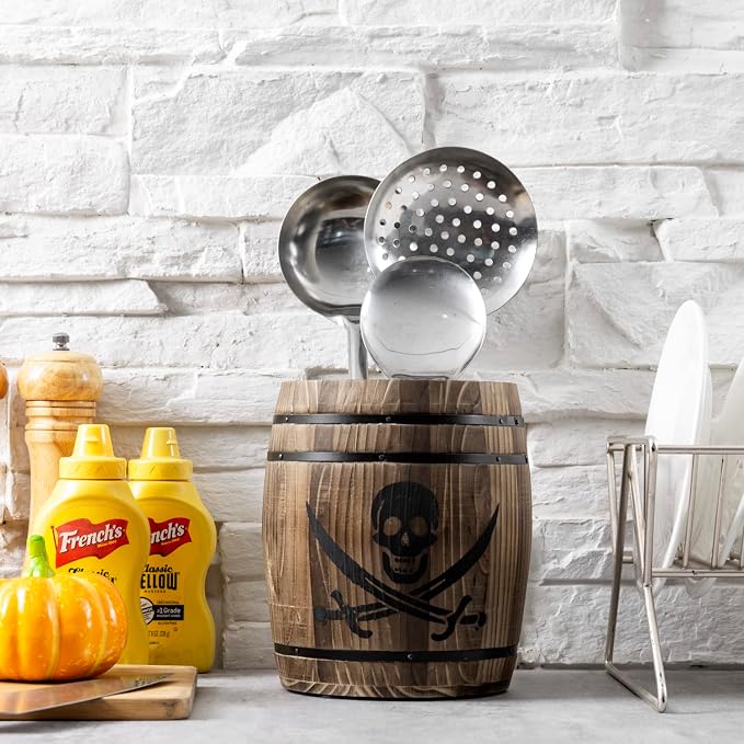 MyGift Rustic Burnt Wood Pirates Rum Cask Style Kitchen Utensil Crock, Vintage - Image 3